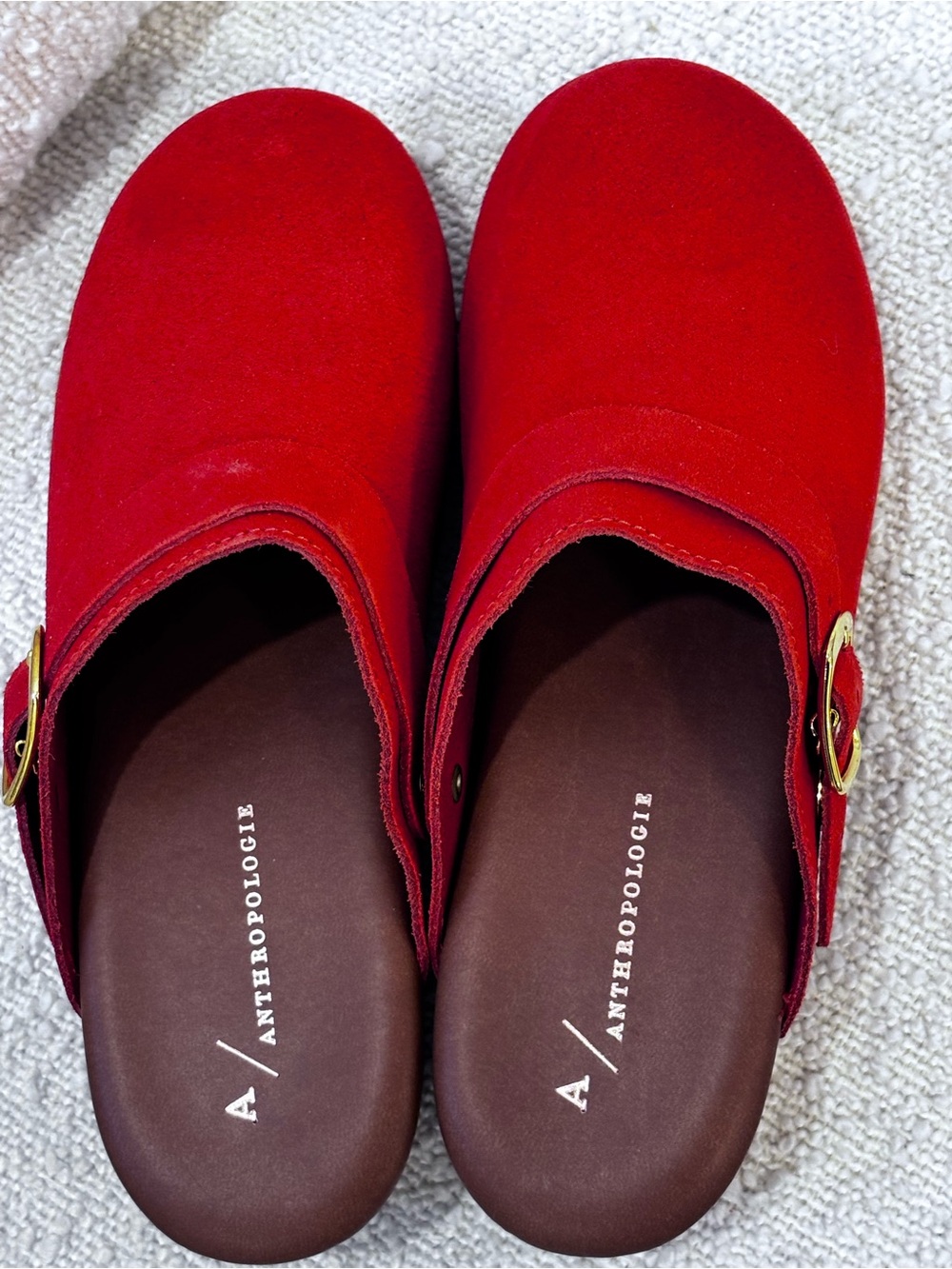 Anthropologie Scarlet Suede Clog Mules with Gold Buckle